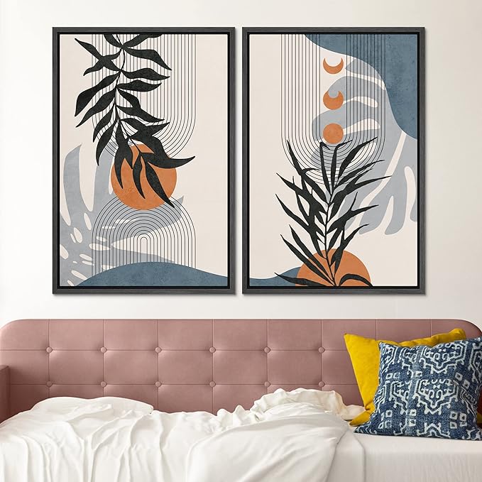 SIGNFORD Framed Canvas Print Wall Art Forest Plant Silhouettes & Mid-Century Symbols Abstract Shapes Illustrations Modern Boho Nature for Living Room, Bedroom, Office - 16"x24"x2 Black