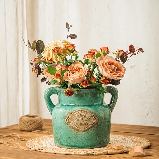 Green Rustic Ceramic Vase, 5.8 Inch Distressed Wide Mouth Vase with Ice Cracked Glazed, Farmhouse Vintage Flower Vases for Home Office Decor Living Room Bedroom Table Centerpiece Decorations