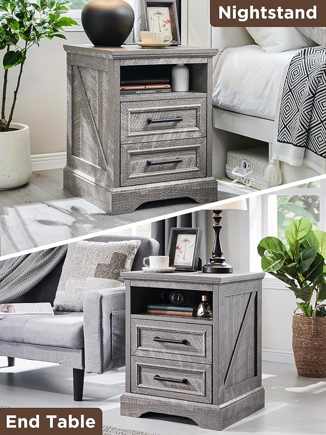 ACCOHOHO 18" Farmhouse Nightstand with Charging Station,End Table with 2 Drawers Storage,Side Table,Bedside Cabinet for Bedroom,Living Room,Grey