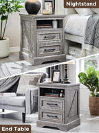 ACCOHOHO 18" Farmhouse Nightstand Set of 2 with Charging Station,End Table with 2 Drawers Storage,Side Table,Bedside Cabinet for Bedroom,Living Room, Grey
