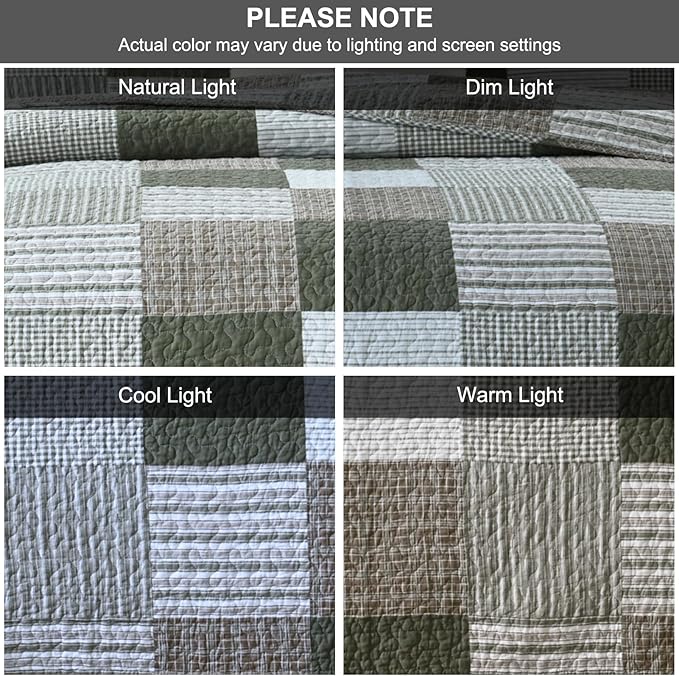 PANGUSHAN 100% Cotton Quilt Set Queen Size, Patchwork Plaid Queen Quilt Bedding Set Bedspreads, Farmhouse Lightweight Comforter Reversible Quilt, Green/Moonbeam Bed Spread for Queen Bed, 3 Pieces