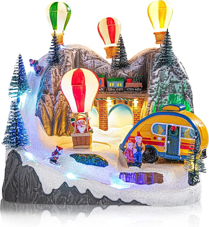 VCUTEKA Christmas Village, Hot Air Balloon Snow Mountain with Rotating Santa Claus Lighted Musical Village Perfect Addition to Your Christmas Indoor Decorations or Holiday Displays