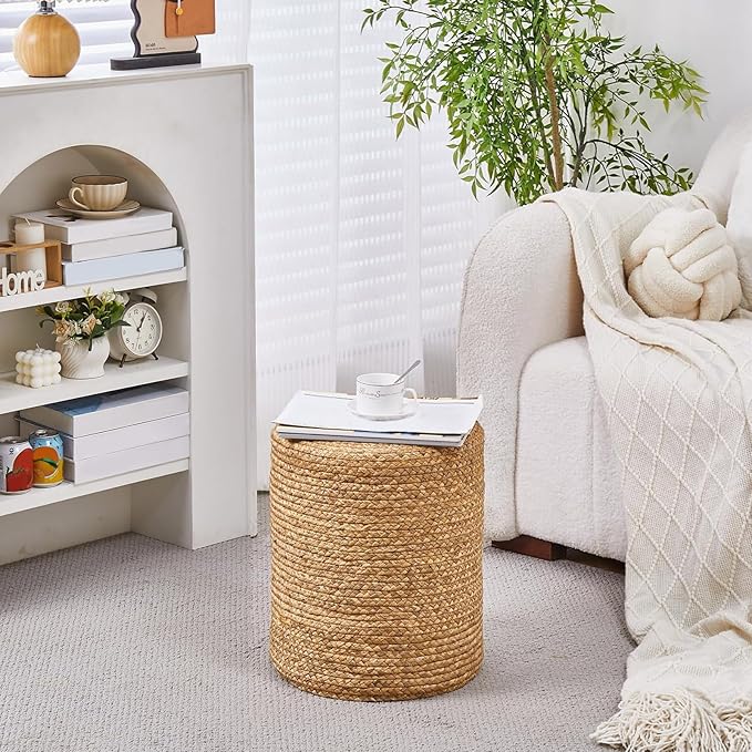 Wimarsbon Round Pouf Ottoman with Wood Frame, Handwoven Natural Water Hyacinth Seagrass Pouffe,Outdoor Rattan Stool Accent Seat, Bohemian Coastal Home Decor (14inch Natural Water Hyacinth)