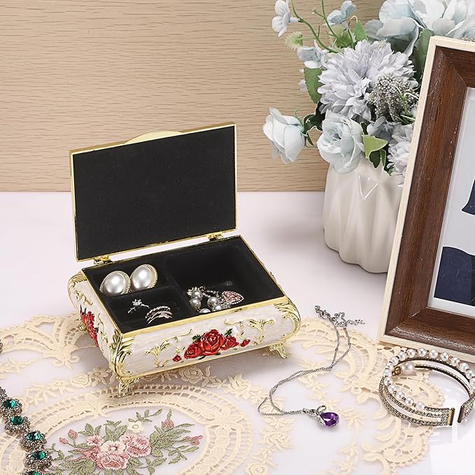 ELLDOO Vintage Music Box, Beige Metal Musical Jewelry Box Keepsake Box, Small Trinket Jewelry Storage Box Gift for Girl Women (Tune: You are My Sunshine), Red Rose Pattern