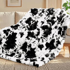 Touchat Cow Print Blanket for Couch, Faux Fur Throw Blanket, Super Heavy Warm Cozy Blankets for Bed Sofa, Bubble Plush Fuzzy Soft Mink Blanket for Living Room Bedroom, Cow Black