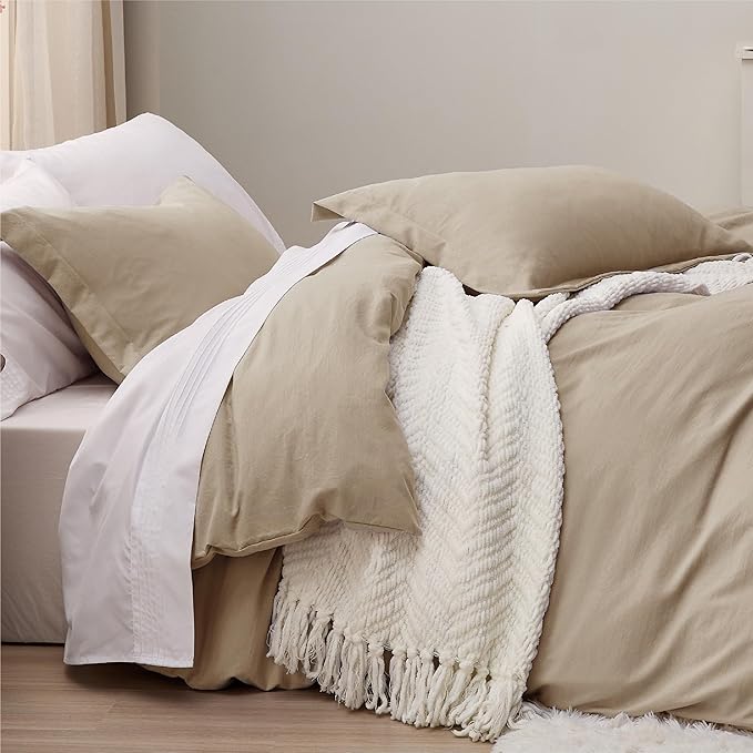 Bedsure Deep Beige Duvet Cover Queen Size - 3 Pieces Prewashed Cotton-Like Extra Soft Bedding Set, Includes 1 Duvet Cover 90x90 Inches with Zipper Closure & 2 Pillow Shams, Comforter Not Included
