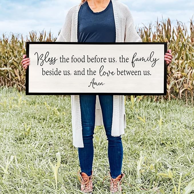 Bless the Food Before Us Sign Wall Decor 40"X15" Large Farmhouse Dining Room Wall Decor Framed Wood Rustic Home Wall Art Kitchen Decoration (Black)