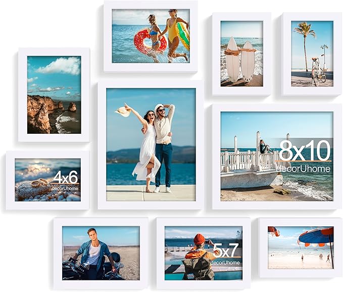 decorUhome Picture Frames Collage Wall Decor for Photo Gallery Display, Assorted Picture Frames set of 10 Including Two 8x10 / Four 5x7 / Four 4x6 for Family Wall Decor, White, 10 Pack