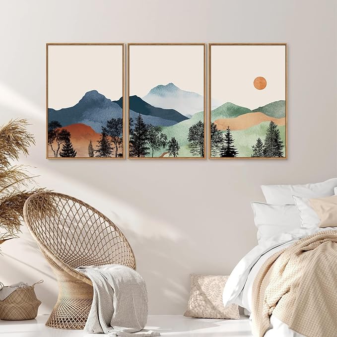 SIGNINART Boho Mountains Framed Canvas Wall Art Set of 3, Watercolor Nature Landscape Art Prints, Neutral Modern Sunrise Art Paintings, Green Forest Wall Decor for Living Room Bedroom Office 24"x36"x3