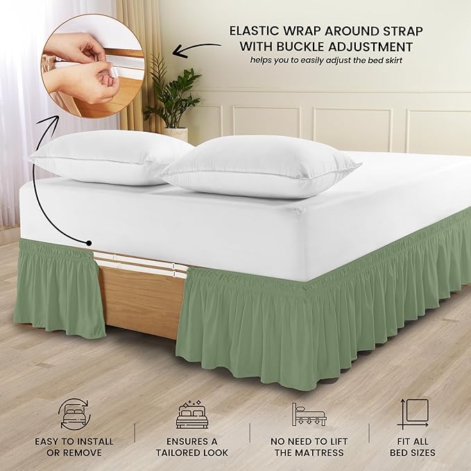 Utopia Bedding Queen Elastic Bed Ruffle - Easy Wrap Around Ruffle - Microfiber Bed Skirt with Adjustable Elastic Belt 16 Inch Tailored Drop - Hotel Quality Bedskirt, Fade Resistant (Queen, Sage)