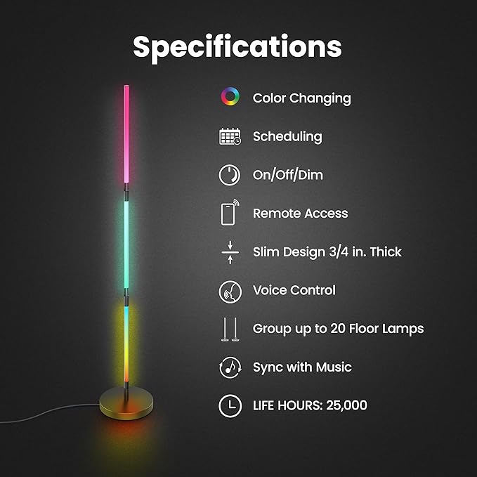 Feit Electric 52in Smart Floor Lamp, Syncs with Music, Millions of Colors, Wi-Fi Connected, Compatible with Alexa/Google, Custom Scenes & Effects, 25,000-Hour Lifetime, FLOOR52/RGB/AG