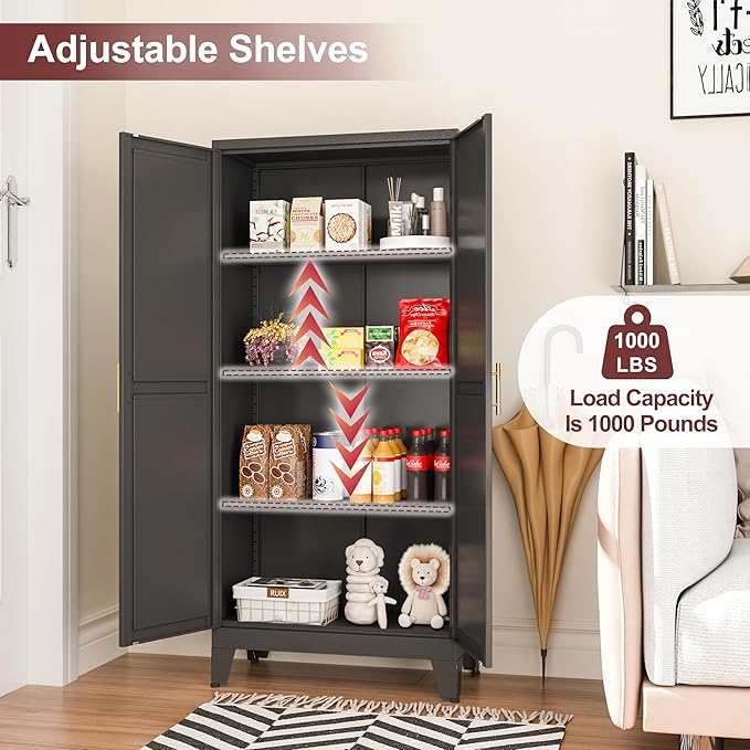 Metal Pantry Cabinet with 2 Doors and Adjustable Shelves, Kitchen Storage cabinets with Gold Handles, Versatile Storage for Laundry Room,Living Room,Bathroom,Dinning Room-Black