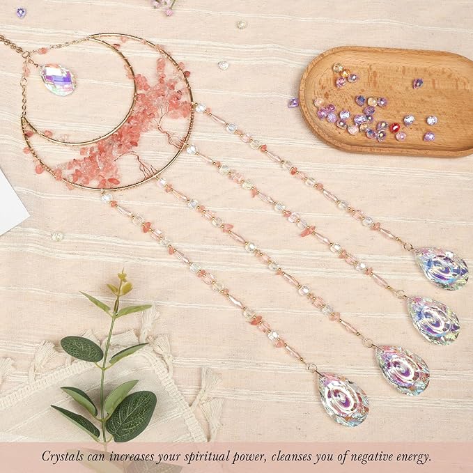 Pink Gemstone Large Moon Dream Catcher Chakra Tree of Life Dream Catcher with Crystals and Prismatic Glass Pendant Handmade Dreamcatcher Suncatcher Wall Decor for Adults Bedroom Garden Bless Gift