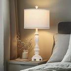 28" Table Lamps with USB C+A Ports & AC Outlets, Farmhouse Rustic Table Lamps Set of 2, Vintage End Table Nightstand Resin Bedside Lamp for Living Room Bedroom, Fabric Linen Shade Washed Antique Beige