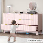 Fluted 9 Drawer Dresser, 57.1" Wide Modern Boho Chest of Drawers, Wooden Storage Dresser TV Stand for Bedroom, Living Room, Closet, Hallway, Curved Profile Design