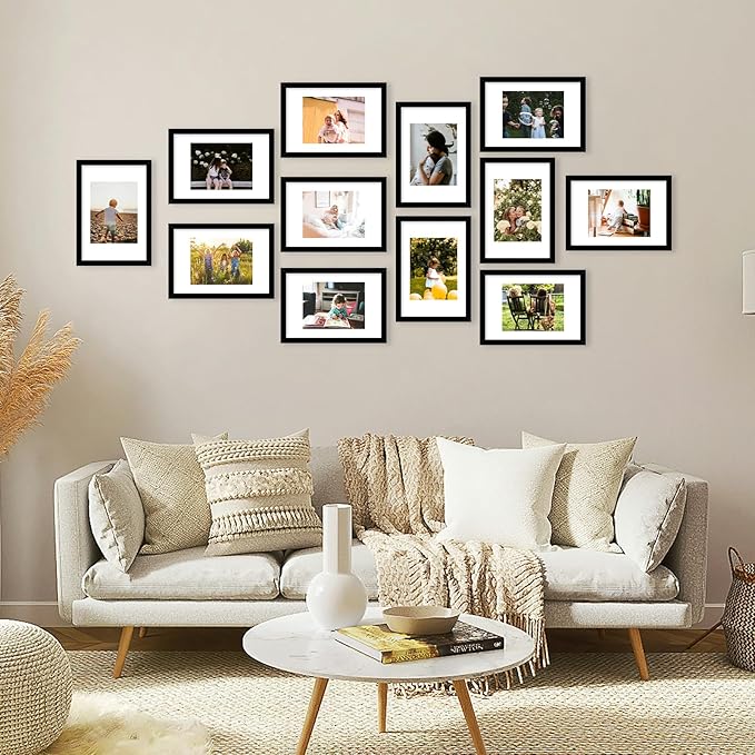 12 Packs 8x12 Picture Frames, Display 6x8 with Mat or 8x12 Without Mat, Gallery Wall Frame Set, 8 by 12 Frames Bulk Set of 12 Collage Wall Decor Photo Frames Set for Wall and Tabletop, Black