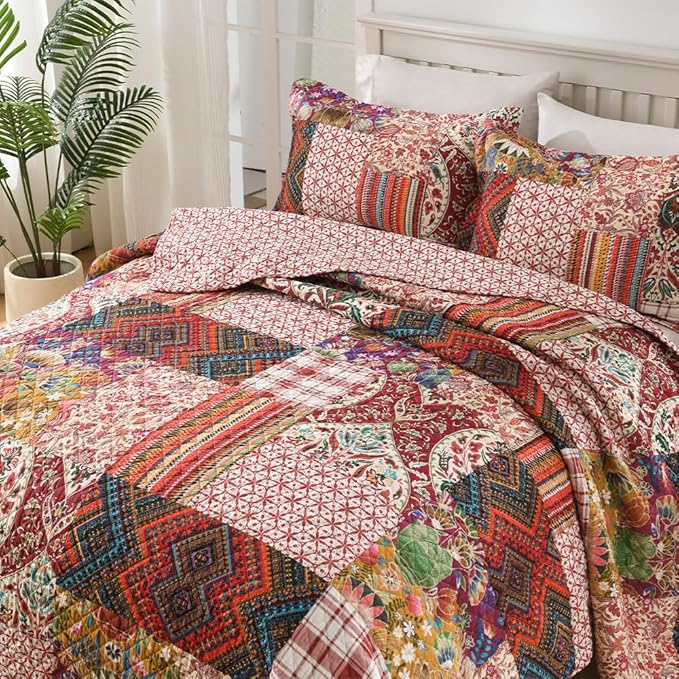 Cotton Bedspread Quilt Sets Reversible Bedding Coverlet Sets 3 Pieces Gorgeous Vintage Damask Red Patchwork Bedspread, Queen Size
