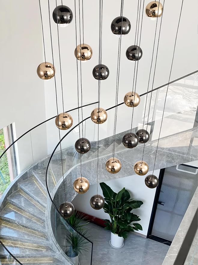 LED Staircase Chandelier Crystal Ceiling Lights Large Chandeliers for High Ceilings, Entryway Modern Lighting Fixture Villas and Stairs 24 Lights Black and Gold Dimmable 2700k-6000k