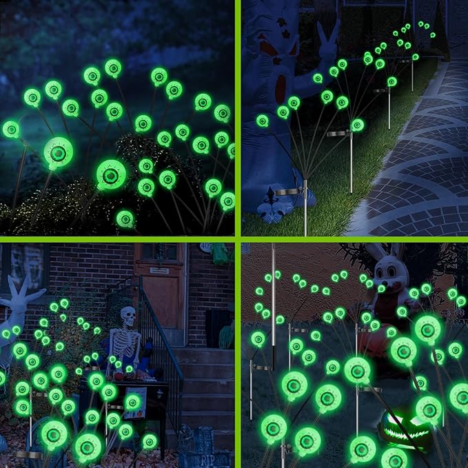 VOTTGO Halloween Solar Lights Outdoor, 2 Pack 12LED Scary Solar Eyeball Pathway Lights, 2 Modes Waterproof Swaying Firefly Light for Garden Yard Pathway Halloween Decorations, Green