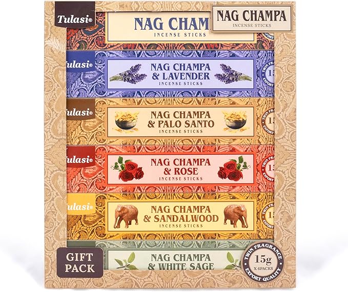 Tulasi Nag Champa Incense Sticks Gift Pack of 6, Hand Rolled Fragrance Incense Sticks for Aromatherapy, Relaxing, Yoga, Meditation, Prayer, Agarbatti Stick with Natural Oils (15gm x 6)