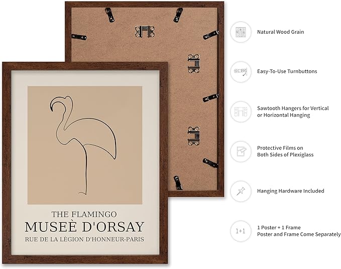 Poster Master Vintage Poster - Retro Minimalist Print - Gift for Artist, Housewarming - Flamingo, Line Drawing, Sketch, Abstract - Wall Decor for Living Room, Bedroom, 16x20 Brown Framed