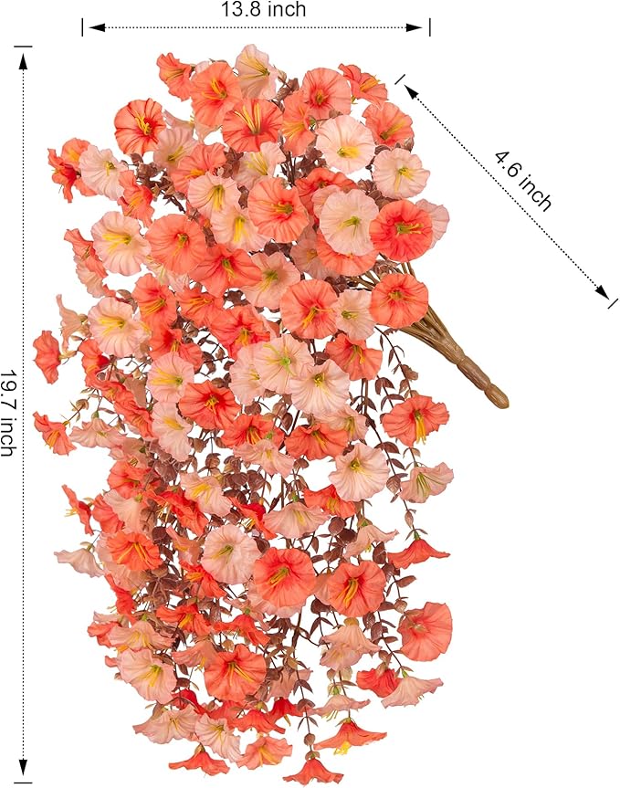 2 PCS Artificial Faux Fall Hanging Flowers Plants for Outdoor,Fake Silk Morning Glory with Eucalyptus UV Resistant Mums for Wall Home Porch Patio Balcony Yard Indoor Decor (Fall Orange+Light Orange)