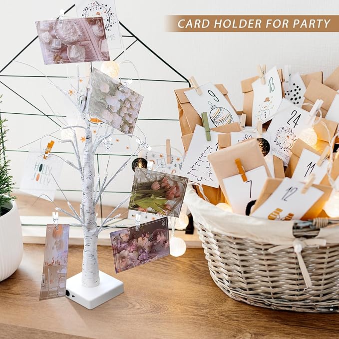 Retisee 4 Pieces Money Tree Gift Card Holder with 12 Clips & 24 LED Lighted Tips 23" White Birch Money Tree for Cash Memo Photo Picture Tabletop Display Christmas Birthday Party Wedding Gifts