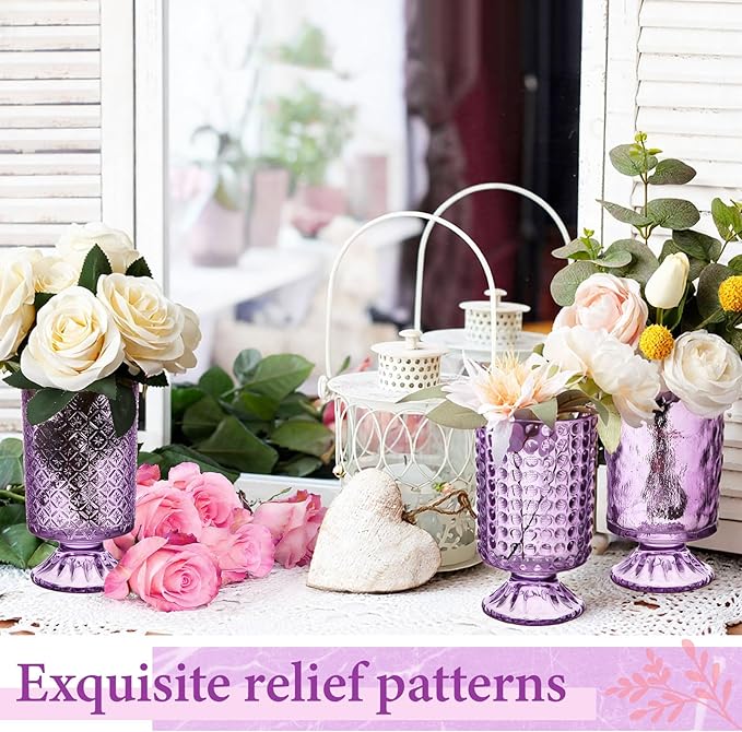 6 Pcs (H:7" W:4") Embossed Flower Vase Fall Pedestal Glass Vase Big Base Thickened Crystal Vintage Vases for Autumn Wedding Home Decor Table Centerpiece House Warming Gifts(Purple)