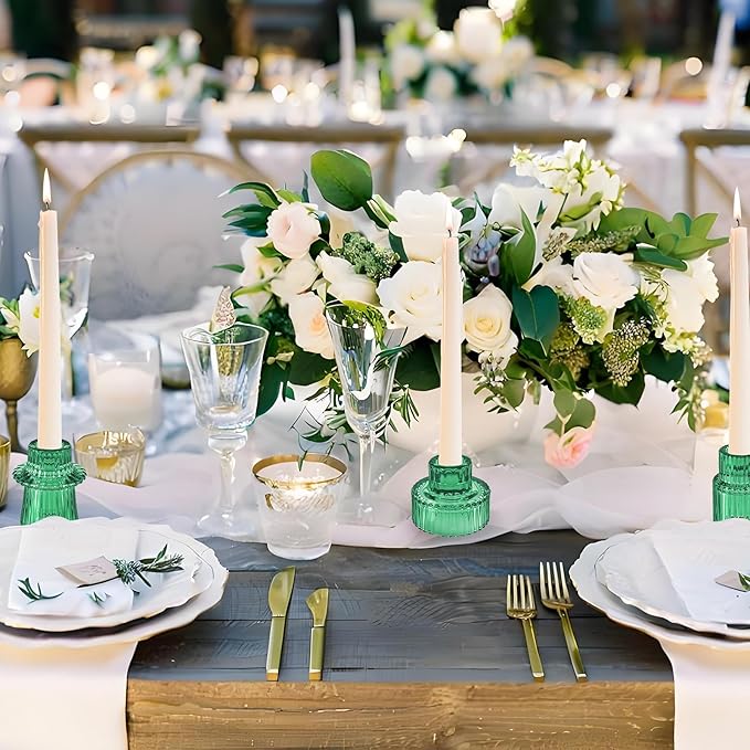 Double Sided Vintage Ribbed Taper Glass Candle Holders,Tea Candle Holder for Table Centerpieces, Wedding Decorations and Dinner Parties (Green, 6 PCS)