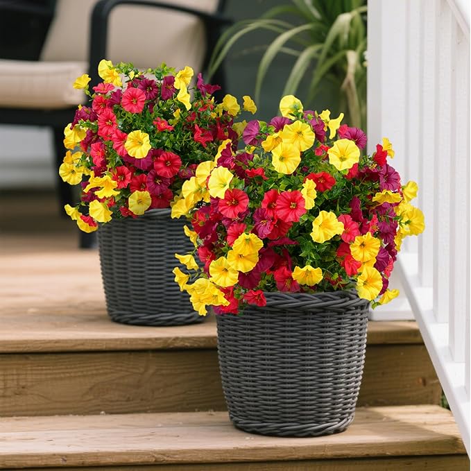 2 Bundles Artificial Flowers for Outdoors with Ground Spikes,21.65 Inch Morning Glory Eucalyptus Topiary Ball Trees, UV Resistant Faux Shrubs Fake Plants for Porch Outdoor Garden Decor (Muti-Color)