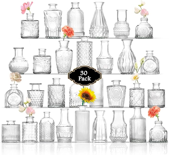 Bud Vases in Bulk 30, Clear Glass Bud Vases for Centerpieces, Small Vase for Flowers, Mini Vintage Flower Vase for Centerpieces, Wedding Table Decor, Home Decor