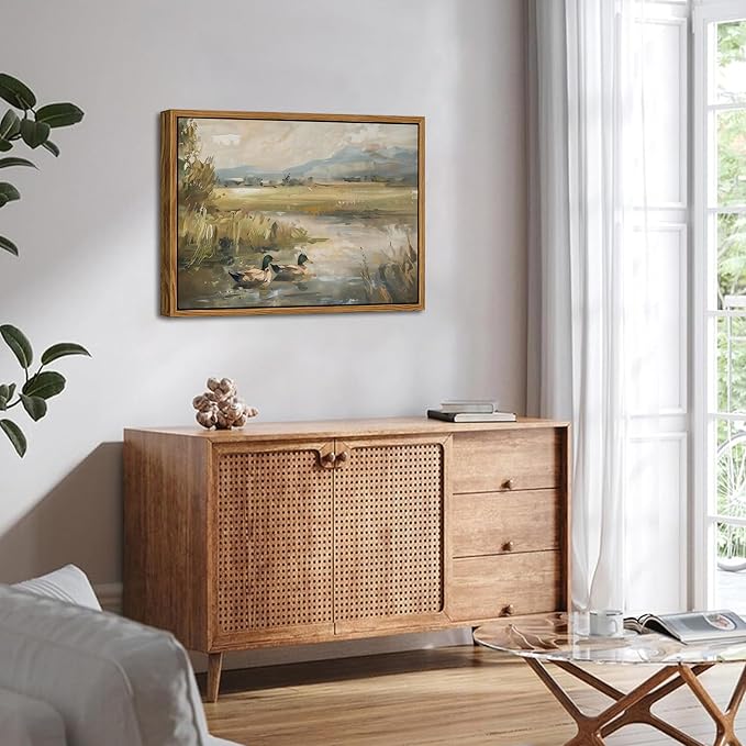 Floating Framed Canvas Wall Art, Vintage Mallard Duck Oil Paintings Print, Countryside Art Wildlife Nature Pond Wall Decor for Living Room, Bedroom, Office, Rustic Decor 16x24 inch