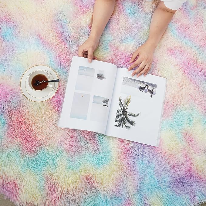 Rainbow Fluffy Round Area Rugs for Bedroom,6'X6'Shag Circle Area Rugs for Girls Room,Non Slip Fuzzy Plush Rug for Kids Room Living Room and Dorm Home Decor Rug