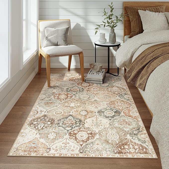 Lahome Moroccan Trellis Small Area Rug, 3x5 Washable Rug for Bedroom Living Room, Non-Slip Oriental Accent Throw Carpet for Kitchen Office Entryway Bathroom Office, Khaki