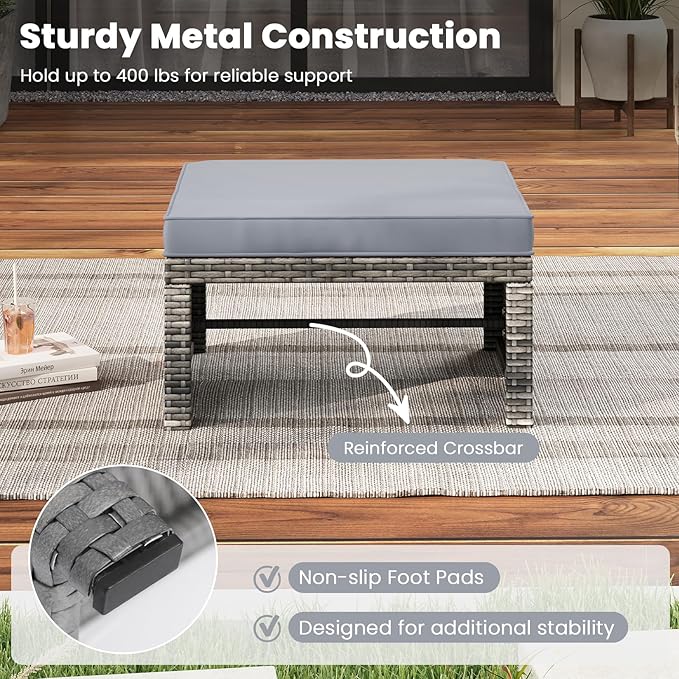 Tangkula 2 Pieces Patio PE Rattan Ottomans, Multipurpose Outdoor Footstool Footrest Additional Seating Side Table with Soft Zippered Cushions for Deck, Garden, and Yard (Gray)