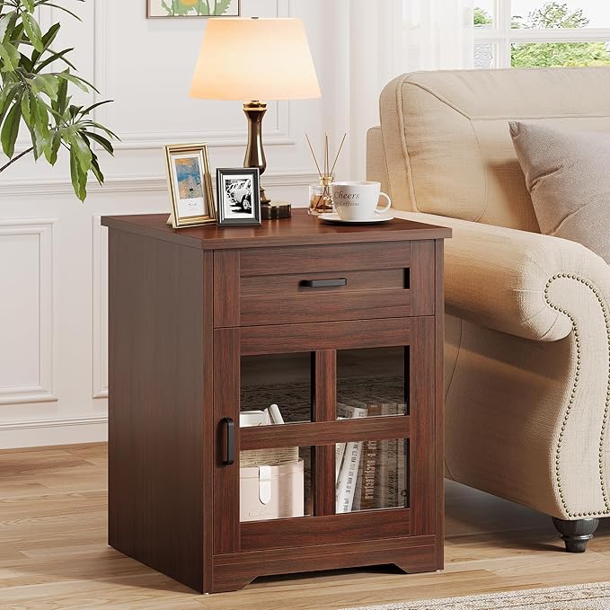 Farmhouse 18'' End Table, Narrow Sofa Side Table with Drawer and Barn Door, Wooden Nightstand Storage Cabinet for Living Room and Bedroom