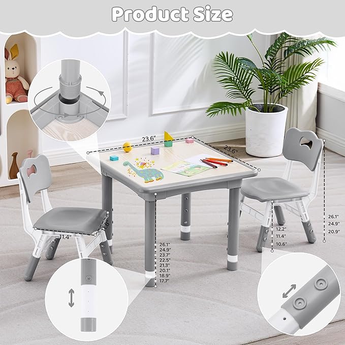 Kids Table and 2 Chairs Set, Height Adjustable (17.7"-26.1") Toddler Table and Chair Set, Multi-Activity Table with Graffiti Desktop, Children’s Table and Chairs for Classroom, Home & Daycare