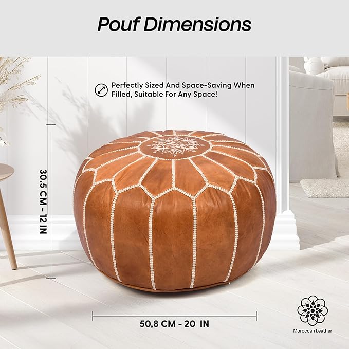 Handmade Moroccan Genuine Leather Pouf Ottoman Cover Unstuffed Foot Stool, Boho Foot Rest Under Desk, Round Ottoman for Living Room, Bedroom - Housewarming & Wedding Gifts