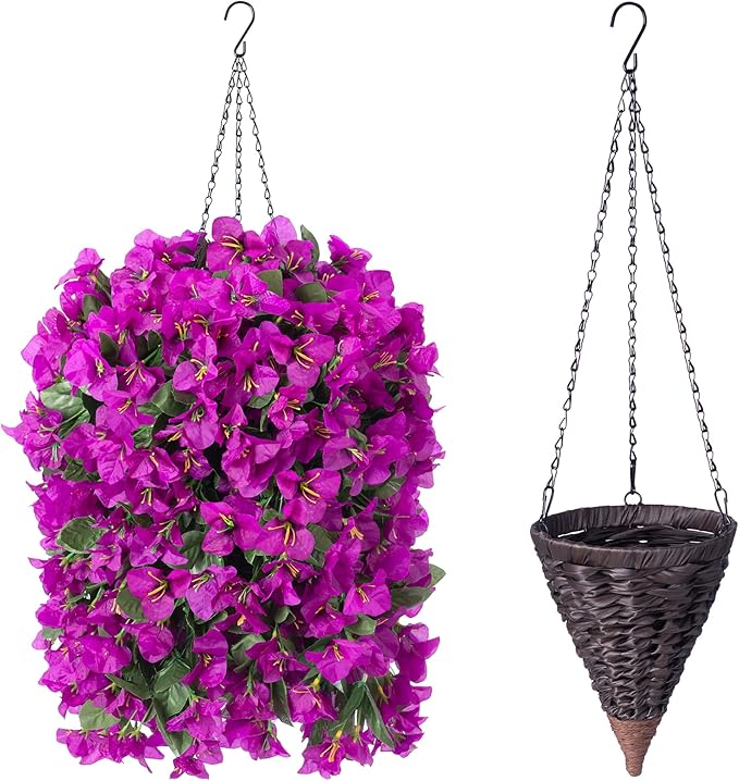 Artificial Bougainvillea Faux Flowers Plants Baskets for Outdoor Outside Summer Decoration, 3 PCS Fake Silk Long Hanging Vines UV Resistant Realistic for Front Door Porch Patio Balcony, Purple