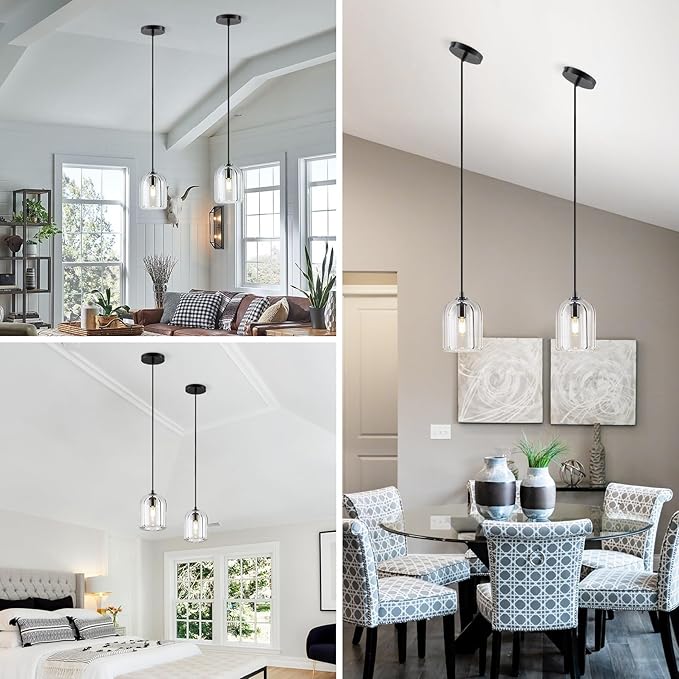2 Pack Pendant Light for Kitchen Island, Modern Crystal Modern Pendant Lights, Black Pendant Light in Kitchen Island, E12 Bulb Indoor Island Pendant Lights, for DiningRoom,Living Room,Bedroom