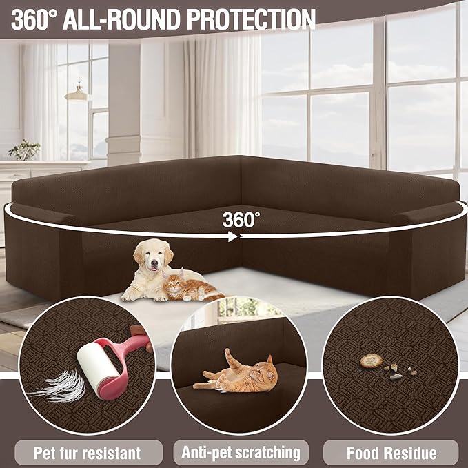 HDCAXKJ Sectional Couch Cover L Shape Stretch Sofa Covers Washable Jacquard Corner Couch Slipcover Non Slip Sectional Slip Cover U Shaped Furniture Protector for Pets Dogs (Dark Brown, Medium)