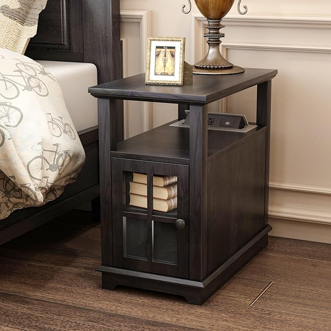 HIFYOBRO Narrow End Table with Flip Top Charging Station and Storage Cabinet, Type-C & USB Port & Power outlets, Adjustable Shelf, Blackgray Side Table with Storage for Living Room and Bedroom