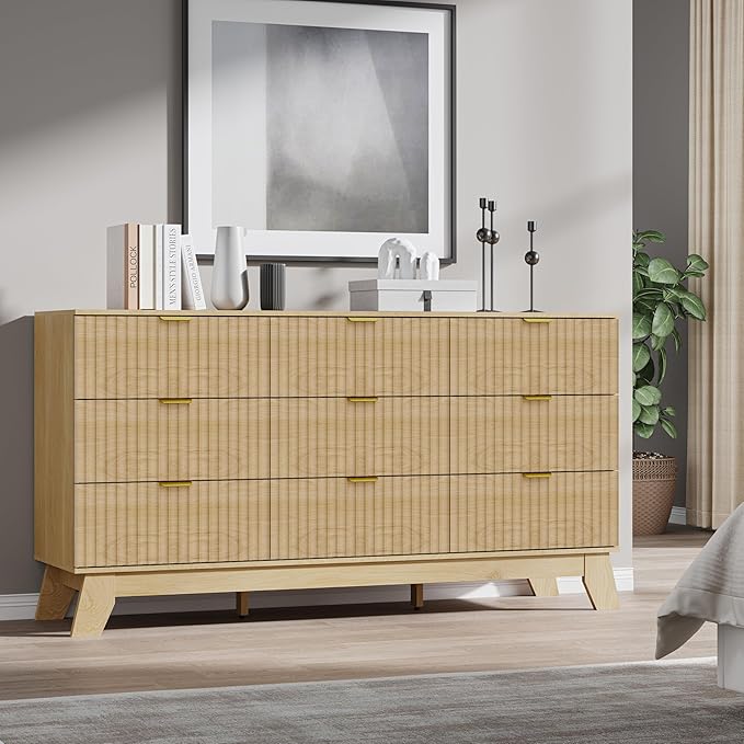 Fluted 9 Drawer Dresser, 57.1" Wide Modern Boho Chest of Drawers, Wooden Storage Dresser TV Stand for Bedroom, Living Room, Closet, Hallway, Curved Profile Design