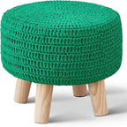 Wimarsbon Pouf Ottoman, 100% Cotton Knitted Boho Footstool, Round Footrest with Non-Skid Wood Legs, Home Décor Handmade Pouffe, Leisure Floor Step Stool for Living Room (Dark Green)