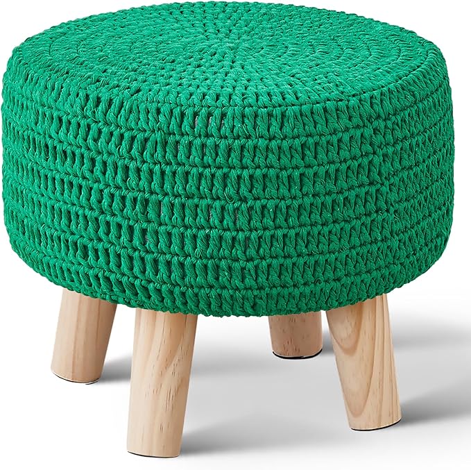 Wimarsbon Pouf Ottoman, 100% Cotton Knitted Boho Footstool, Round Footrest with Non-Skid Wood Legs, Home Décor Handmade Pouffe, Leisure Floor Step Stool for Living Room (Dark Green)