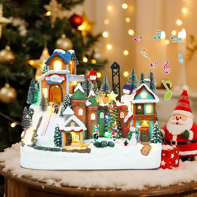 VCUTEKA Animated Christmas Village Houses, Lighted Musical Ski Resort Scene with Ice Skating Rink, Ski Lift, Snowman, Victorian Xmas Village Collectible Building Decoration for Holiday Table Display