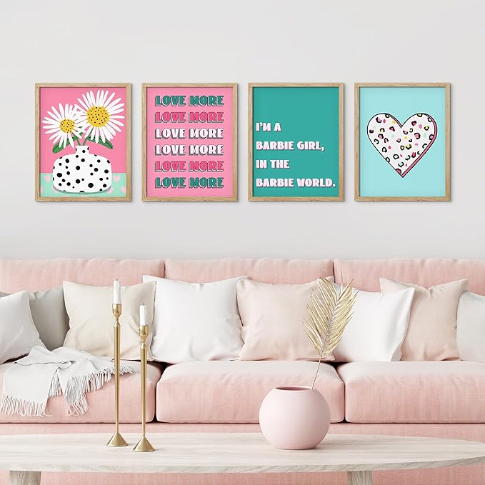 SIGNWIN Framed I'm a Barbie Girl in The Barbie World Wall Art, Set of 4 Heart, Chrysanthemum Illustration Wall Decor Prints, Preppy Room Decor Wall Décor for Living Room, Bedroom - 11"x14"Natural