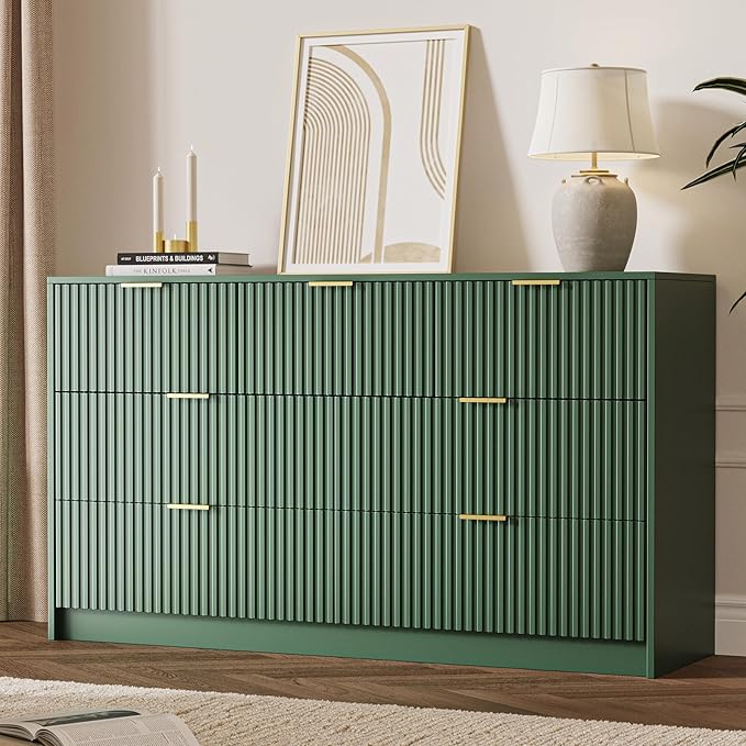 Green 7 Drawer Dresser for Bedroom, Modern Fluted Dresser with Gold Metal Handles, Wide Chest of Drawers for Bedroom, Living Room, Entryway, Hallway, 55.9" L x 15.7" D x 31.4" H