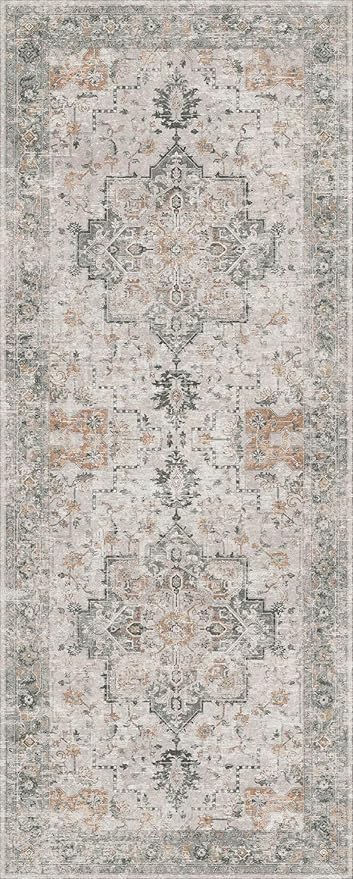 GENIMO 2'6''x14 Runner Rugs for Hallway, Machine Washable Non Slip Vintage Rugs, Low Pile Soft Chenille Print Rug for enrtyway, Corridor, Home Office,Light Taupe Brown