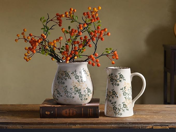 Vintage Flower Vase, Chinoiserie Floral Ceramic Vase for Home Decor, Green and White Decorative Vases for Centerpiece Table Decorations, Vases for Living Room Kitchen Entryway Mantle Shelf Decor Vase